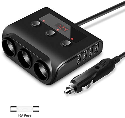 Kingwei Adaptador de Encendedor de Cigarrillos Carga Rápida, 12V/24V, 100W, Cargador de Coche con 3 enchufes, 4 Puertos de Carga USB y Voltímetro LED, para GPS, Smartphone, iPad, Dash CAM, etc