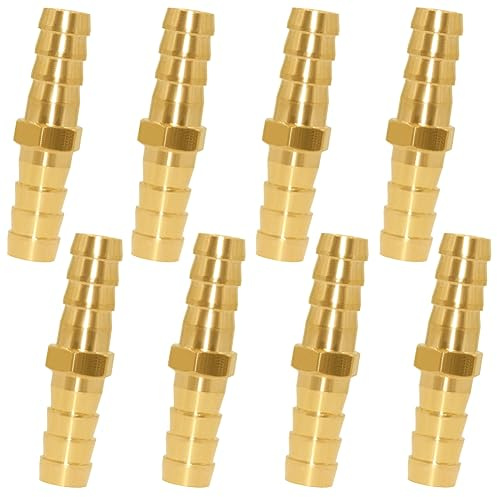 Uenede 8PCS Brass 1/4OD Barb Splicer Mender Hose Barb Fitting Straight 2-Way Union Garden Hose Repair Fittings for Water/Oil/Gas