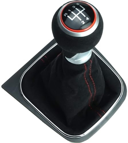 Generisch Schaltknauf Schaltsack Schaltmanschette Rahmen 5 Gang aus Mikrofaser - rote Naht - roter Ring - kompatibel/Ersatzteil für VW Golf 5 6 | Jetta V + VI | EOS | Scirocco 3