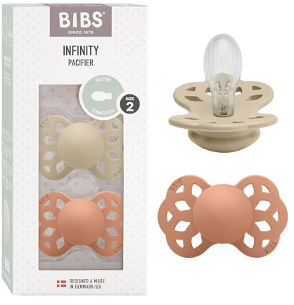 BIBS Infinity Schnuller, 6-18 Monate, 2er-Pack, Vanilla/Peach | Symmetrischer Sauger | Silikon | Größe 2 | BPA-frei | Hergestellt in Dänemark | Hohe Akzeptanz | Luftlöcher | Komfortschild