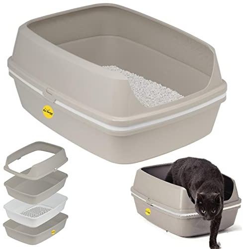 CAT CENTRE Scoopless Large Open Cat Litter Tray High Sided 50cm Grey | Sifting toilet pan, anti-spillage rim, easy cleaning, portable litter box, kitten and cat, no spilling