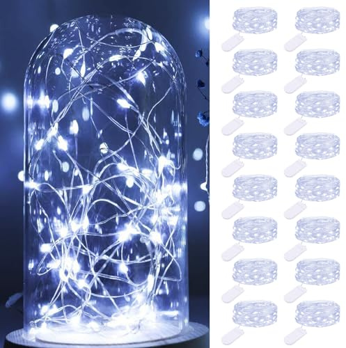 16 Pack LED Fairy Lights Battery Operated, 2M/7FT 20LED Mini String Lights Battery Powered Waterproof Small Silver Wire Fairy Lights Indoor for Jars Bedroom Christmas Wedding Party, Cool White