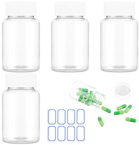 WLLHYF 4 Stück durchsichtige Tablettenfläschchen, leere Kunststoff-Pillenflaschen, Medizinflaschen, leere Reagenzflaschen, Chemikalienbehälter mit Verschlüssen für flüssiges, festes Pulver (80ml)