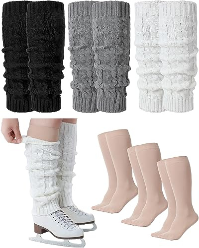 Chuarry 6 Pairs Skating Leg Warmer Sets for Women Girls Knit Long Leg Warmers Socks Calf Socks Set for Ice Figure Skating(Black White Gray Nude,Spiral Style)