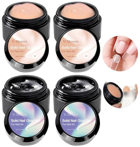 U-Shinein 4 x 10 ml Solid Nail Glue Gel, Kit with 4 Colors,Professional Adhesive for Acrylic Nails, Press-On Tips & Nail Art,Requires LED/LAMP Curing 2*Transparent + 2*Apricot