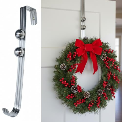 Almineez Door Hook Wreath Hanger for Front Door Silver Strong Metal, Christmas Over Door Wreaths Hook Holder for Christmas Halloween Home Office Wall Wedding Wreath Display (12 in / 28cm)