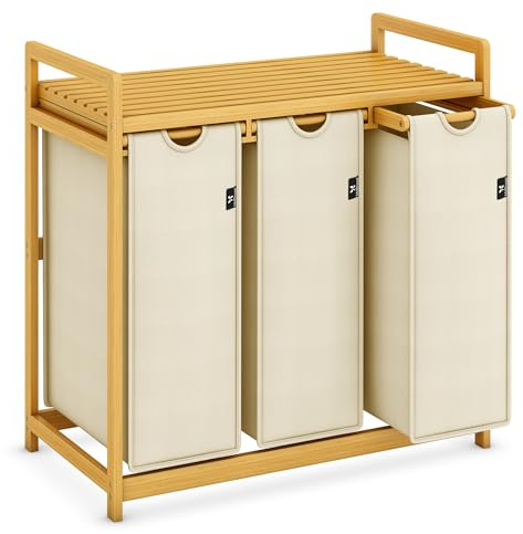 AdelDream Wäschekorb 150L 3 Fächer Regale ausziehbarer und abnehmbarer Wäschesack Wäschesammler Bambusrahmen Wäschebox laundry baskets Wäschesortierer Bambus Beige