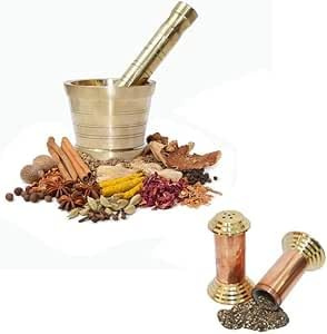 BRACOP Messing Mörser und Stößel groß Hamam Dasta Küchenhelfer Kräutermühle Ingwermühle Gewürzmühle Schüssel Molcajete Kochutensilien Mörser-Stößel-Set 2-teilig indisches Geschenk Mühle für die Küche