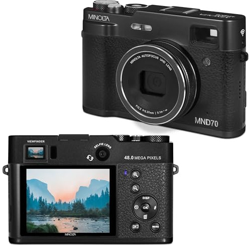 Minolta Retro Digital Camera – 48MP Autofocus Compact with 5K Ultra HD Video, Rear Selfie Lens, 16x Zoom, WiFi, 2.8-inch LCD Screen, Digital Stabilization, Optical Viewfinder, 32GB Card (Black)
