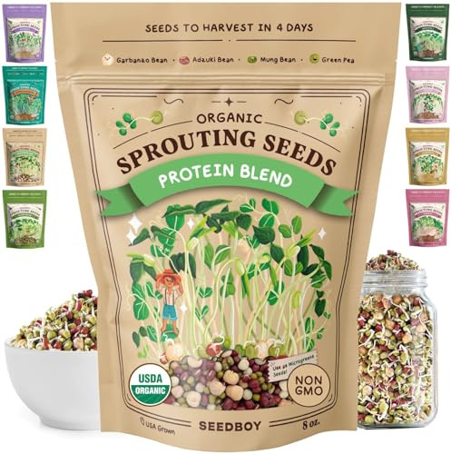 Seedboy Organic Non-GMO Sprouting Seeds, Protein Blend - USA Grown Microgreens Mix with Garbanzo, Mung Bean, Adzuki Beans, Green Pea - 8 oz Bag Makes 6 Quarts / 24 Servings (Protein Blend)