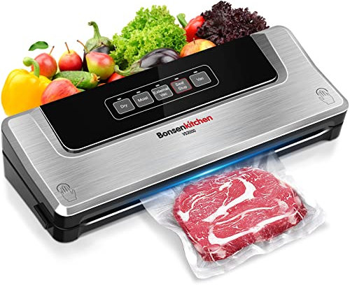 Bonsenkitchen Envasadora al Vacío, Maquina al Vacio con 5 Modos, Cortador y Almacenamiento de Bolsas en Rollo, Vacío Rápido, Incluye 100 Bolsas de Vacío y 1 Bolsa de Rollo-VS3000