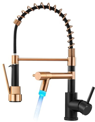Warmiehomy LED Professional Kitchen Tap，360° Swivel Dual Spouts Kitchen Sink Taps with Pull Out Sprayer,High Arc Spring Mixer Tap for Bar Sink,Black&Rose Gold