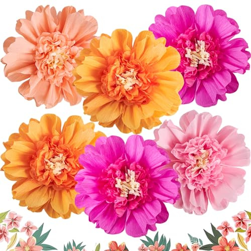EASY JOY Large Paper Flowers Decorations 6 PCS Hot Pink Orange Paper Flowers 12'' Crepe Tissue Flower Decorations for Wall Birthday Party Baby Bridal Shower Office Classroom Wedding Carnival