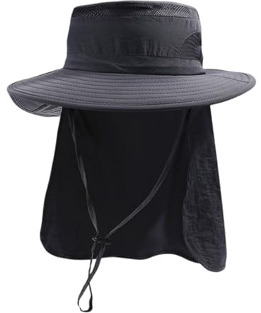 TUONYIS Dunkelgraue Sonnenhut Herren Damen,UPF 50+ Wanderhut mit Nackenschutz,Sonnenhut mit breiter Krempe Verstellbarer Kinnriemen für Herren und Damen Safari Angeln Wandern
