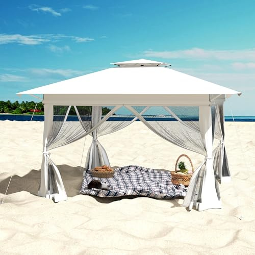 UISEBRT Fällbar paviljong 4 x 4 m, vattentät med myggnät, höjdjusterbar trädgårdspaviljong, popup-festtält med bärväska på hjul, UV-skydd, för terrass trädgård bakgård (vit)