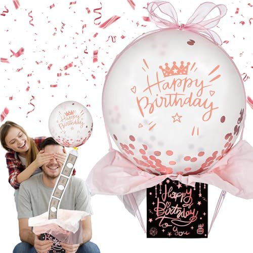 Geldgeschenke Geburtstag Überraschungsbox mit Luftballons, Pull Geld Ballon Box für Geldgeschenke, Geldgeschenk Ballon, Geburtstag Geldgeschenk Verpackung für Familie und Freunde (Schwarz-Rosa)