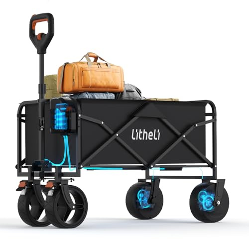 Litheli Elektrokarre Bollerwagen Faltbar, Handwagen faltbar mit Motor & Bremsen, 100L 50KG Belastbar, Faltbollerwagen geeignet für Camping, Garten, Strand, Einkauf (Schwarz,W1 Go Ohne Akku)