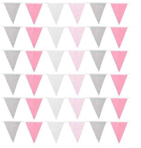Banderola de tela multicolor de 10 m con 36 banderas triangulares para boda, cumpleaños, baby shower, fiesta (rosa, gris, blanco)