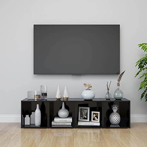 WKIEQACO Lot de 4 meubles TV en bois laqué noir brillant 37 x 35 x 37 cm
