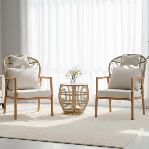 DAYARUS Modern Living Room Chairs, Accent Chairs Set of 2 with Coffee Table, Comfy Arm Chair with Cushions, Rattan Reading Lounge Chair with Metal Frame, Armchair for Bedrooom/Indoor/Outdoor, Beige