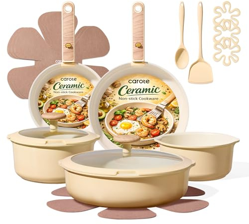 CAROTE 18 Pcs Ceramic Cookware Set Detachable Handle, Non Toxic Pots and Pans Set Non Stick, Induction Kitchen Cookware Removable Handles, Oven Safe, Stackable RV/Camping Cooking Set, Yellow
