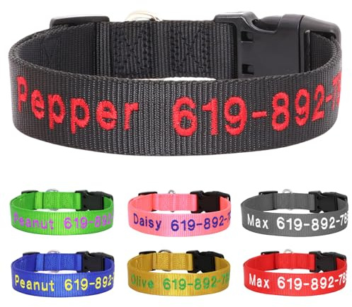 Personalisierter bestickter Verstellbarer Nylon‑Hundehalsband, Schwarz | Custom embroidered name & phone; 5 sizes XS‑XL, sturdy & durable, with quick‑release buckle, fits all dog sizes