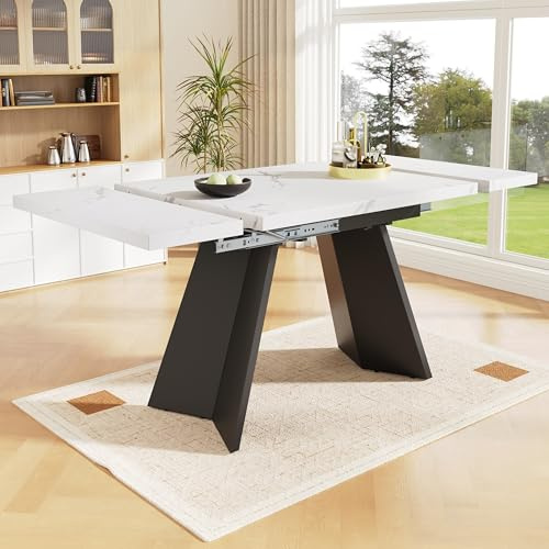 Generiskt utdragbart matbord teleskt bord (99–159 cm) vit marmorutseende MDF med ben av kolstål – flexibelt köksbord för hemmakontor och vardagsrum, enkel montering på 15 minuter