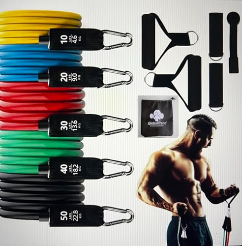 Widerstandsbänder Set mit Griffen – 5 farbcodierte Fitnessbänder 4,5–22,7 kg, kombinierbar – inkl. Türanker & Zubehör für Homeworkout, Krafttraining, Pilates & Reha