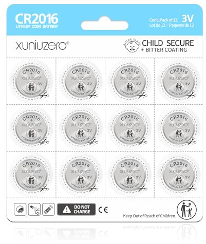 XUNIUZERO CR2016 3V Lithium Batteries 12 Pack for Child Safety, Compatible with Remotes, Key Fobs, Glucose Monitors - 7 Years Shelf Life