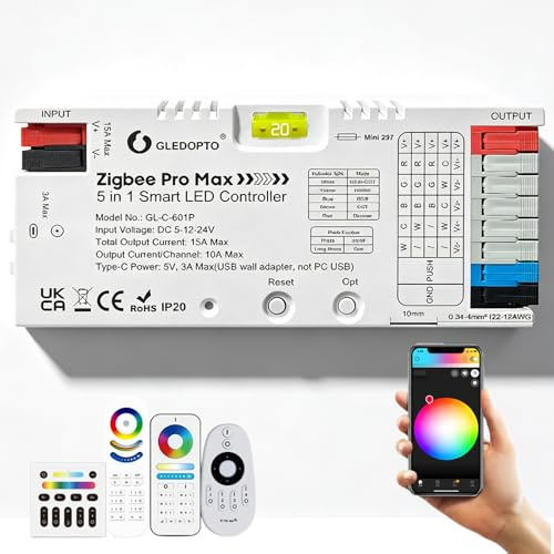5 in 1 ZigBee 3.0 LED Controller: Fünf-in-Eins Steuergerät mit 20A Steckbare, RGBCCT RGBW RGB CCT Dimmer Farbe Weißlicht, Kompatibel mit Alexa H*ue Tuya Smart Life APP Steuerung, APP Sprachsteuerung
