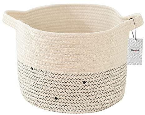Inwagui Baumwollseilkorb Aufbewahrungskorb Baby Wäschekorb Rund Geflochtener Korb Deko Korb mit Griff für Spielzeug Kinderzimmer Decken, Weiß, 35x25cm, M