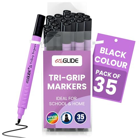 Eziglide 35-Pack Whiteboard Markers, Black Ink – Dry Wipe Markers with Durable Tips & Triangular Barrel for Easy Grip – Smudge-Free Ink & Bullet Tip, Ideal for Home, Schools & Offices Use