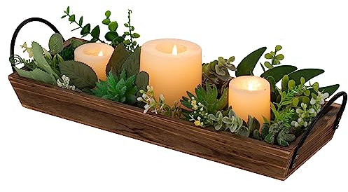 Langes, schmales Holz-Kerzentablett: Hanobe Rustikaler Kerzenhalter aus Holz, rechteckige Tischaufsätze für Esszimmer, Bauernhaus, Säulenständer mit Griff, rechteckige Tischdekoration, Braun