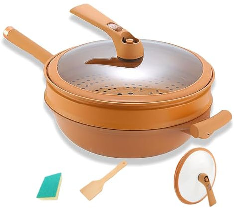 OURDEZHI 2024 Wok Aus Antihaftbeschichtetem Ton Mit Dampfkorb, Multifunktionaler Ton-Antihaft-Mikrodrucktopf Aus Keramik, 12,5 Zoll Antihaftbeschichteter Ton-Wok Mit Dampfkorb Zum Kochen