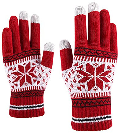 Snowflake Gloves for Women and Adults with Creative Canvas for Men, Warm Knitted Phone and Fashionable Hand and Print Gloves, Winter Thick Glove, Latex Suit, Red (Red, One Size)