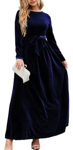 FDKLOOK Womens Cocktail Dress Crewneck Velvet Belted Pleated Long Sleeve Party Formal A-Line Maxi Dress with Pockets Blue L