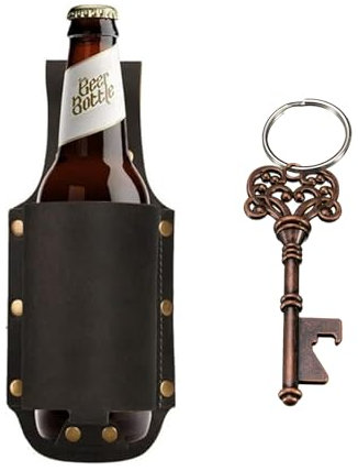 Fondina per birra, da uomo, con apribottiglie, portachiavi a forma di scheletro con pelle di cavallo pazzo, regalo per birra, feste, barbecue, campeggio, accessori per birra (marrone scuro)