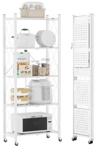 DEANIC Estantes de Almacenamiento Plegables, 5 Niveles de Metal para Almacenamiento, 61 x 147 x 28 cm, estantes esquineros de Cocina con Ruedas, estantes de despensa, estantería para Sala de Estar,