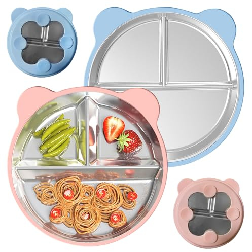 Geentargetel 2 piatti per bambini con ventosa, senza BPA, in acciaio inox per bambini, con custodia in silicone rimovibile, piatti per bambini (rosa e azzurro)