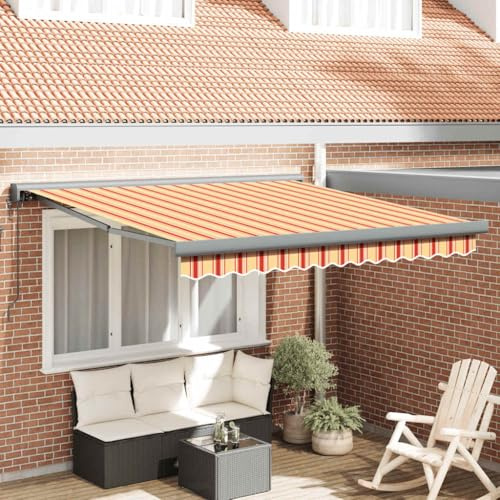 QJBSAVVA Auvent à bras articulés, jaune et blanc, 3 x 2,5 m, protection UV, en polyester, avec cadre en aluminium, rétractable et mural, pour balcon, terrasse, jardin