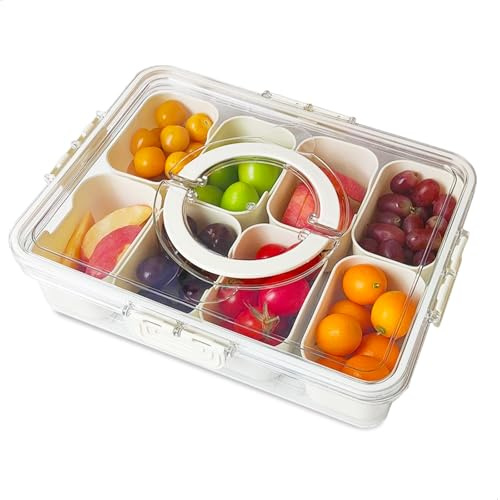 Snack Box con 8 Scomparti - Contenitore per Snack con Coperchio e Manico - Meal Prep Contenitori in PP - Vassoio per Snack Diviso per Caramelle, Noci, Biscotti, Frutta, Verdura per Feste, Picnic