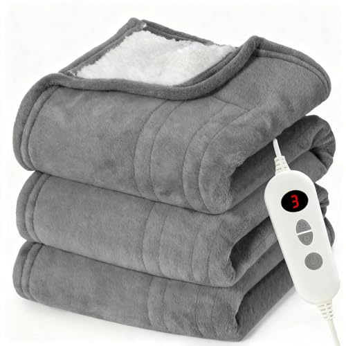 misognare Heated Throw Electric Blanket 180x130cm, Flannel & Sherpa Electric Throw Blanket with 9 Heating Settings Overheat Protection and LCD Display for Office & Home Use