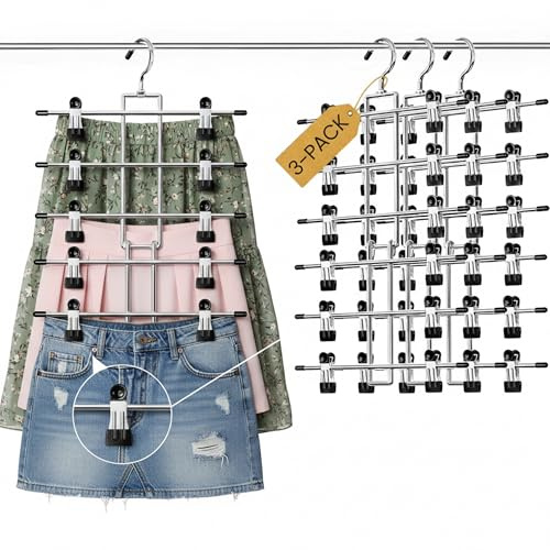 3 Piezas Perchas para Pantalones y Faldas con Clips, Organizador de Armario de 6 Niveles para Ahorrar Espacio, Ganchos Giratorios 360° Antideslizantes para Vaqueros, Ropa, Vestidos, Toallas y Más
