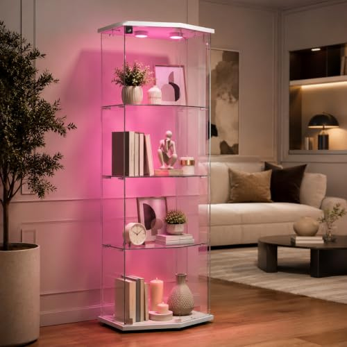 Vetrina angolare in vetro, vetrina su piedistallo in vetro a LED, vetrine in vetro 4 ripiani 1 ante, mobile vetrina vetri serratura armadio in vetro vetrine a cinque angoli per soggiorno 162 x 60 x 35