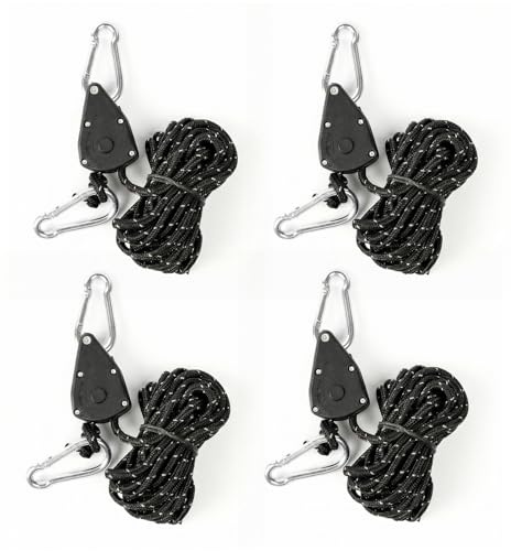 MeiQraft 4-pack kraftig remskiva i metall justerare kit med 4 mm paracord och krokar – komplett spännsystem för camping, tältkillelinjer, presenningar, hängmattor och utomhusutrustning