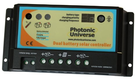 10A dual battery solar charge controller / regulator for motorhome, caravan, boat or any system with two 12V / 24V batteries or battery banks