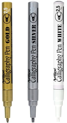Artline Metallic Calligraphy Set – Pack of 3 Metallic Calligraphy Pens (Gold, Silver & White). Calligraphy Pens for Writing Cards or Illustration. 2.5mm Nib – Genuine Hand Writing Pens