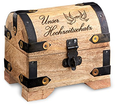 Casa Vivente Schatztruhe aus Holz mit Gravur, Unser Hochzeitsschatz, Aufbewahrungsbox, Hochzeitsgeschenk (Hell - Tauben)