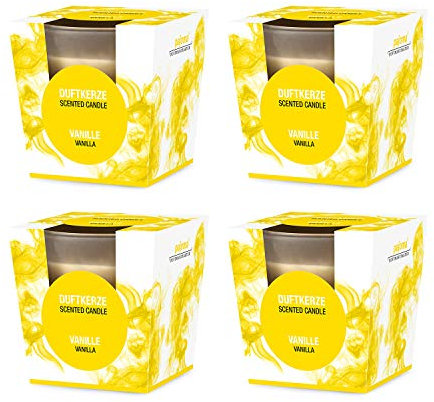pajoma® Duftkerze 4er Set, Vanille - im satinierten Glas | 4x 120g Wachsgewicht, Brenndauer: 25 Stunden, in edler Geschenkverpackung | Premium Qualität