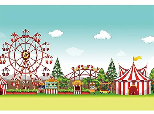 YongFoto 1,5x1m Vinyle Toile de Fond Cirque Fête foraine Cour récréation Billetterie Montagnes Russes Grande Roue Fond Studio Bannière Photo Party vidéo Enfant Photobooth Accessoires Photographie